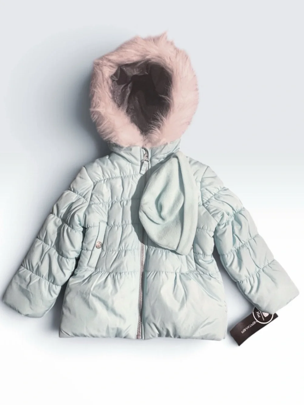 Light Blue Girls' Hooded Winter Coat with Faux Fur Trim & Beanie 3T
